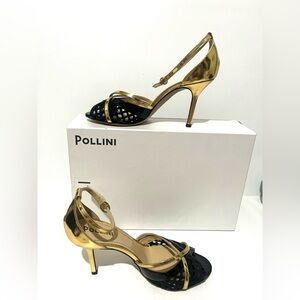 Pollini Black and Gold Strappy Heels